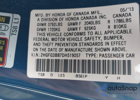 2013 Honda Civic Cpe Ex из США, поврежденный, VIN 2HGFG3B87DH519057